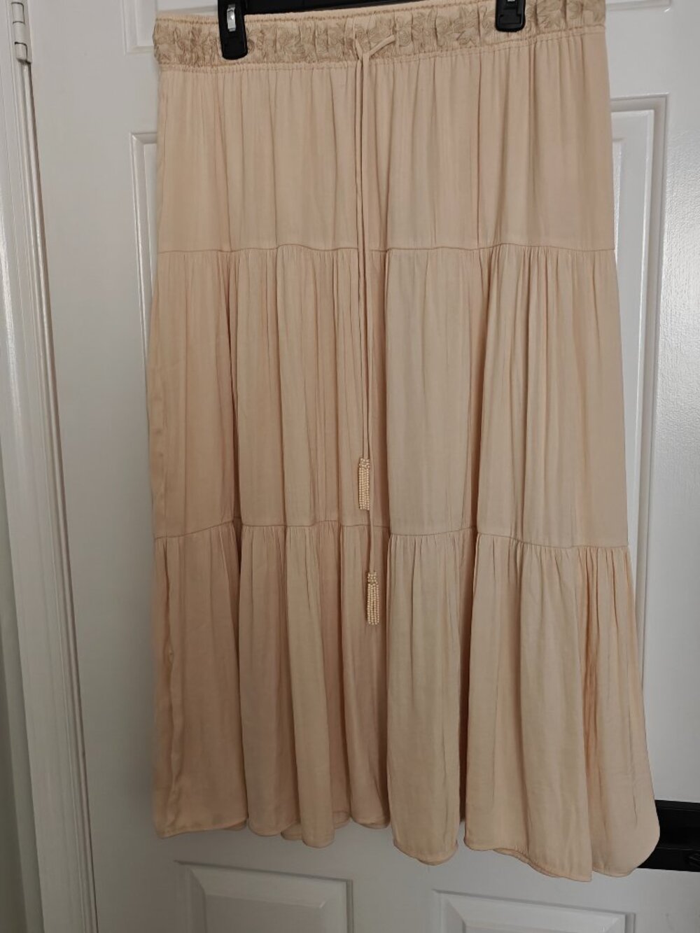 NWOT Rachel Zoe Boho Tiered Maxi Skirt Embroidered Waist Pearl Tassels L